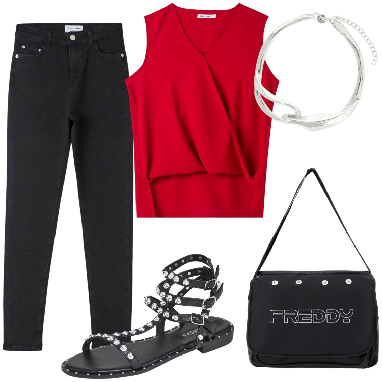 Outfit donna - Total look #1899098. Stile Rock per Tutti i giorni. Abbinamento con sandali, bluse, jeans skinny, borse messenger, collane.