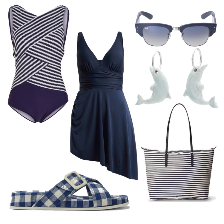 Outfit donna - Righe e quadri, bianco blu al mare. Stile Trendy per Mare. Abbinamento con costumi interi, vestiti da spiaggia, orecchini, borse tote, sandali, occhiali da sole.