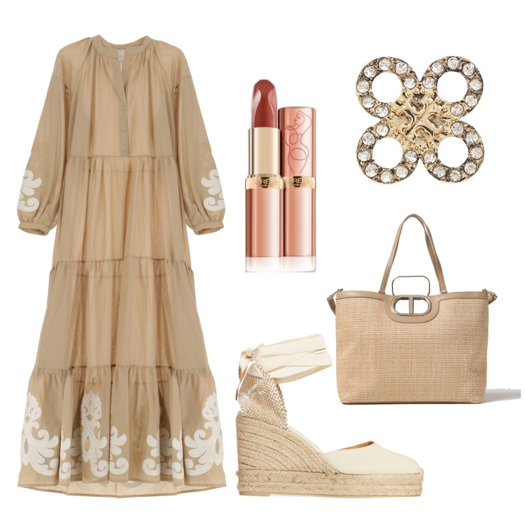Outfit donna - Sabbia e oro leggerezza boho. Stile Boho per Tutti i giorni. Abbinamento con orecchini, rossetti, vestiti lunghi, espadrillas, borse tote.