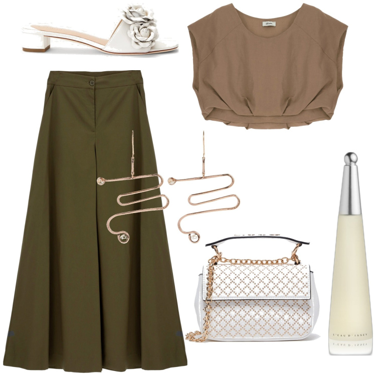 Outfit donna - Le roselline ai piedi. Stile Glamour per Tutti i giorni. Abbinamento con profumi, pantaloni a palazzo, canottiere, sandali in pelle, orecchini, borse a tracolla.