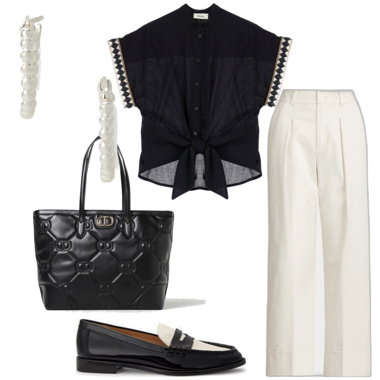 Outfit donna - Annodata. Stile Glamour per Ufficio. Abbinamento con orecchini, pantaloni, mocassini, camicie a manica corta, borse a spalla.