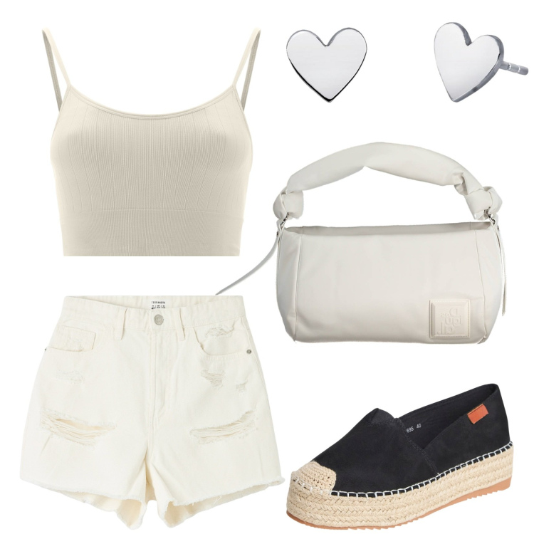 Outfit donna - Basic summer. Stile Basic per Tutti i giorni. Abbinamento con shorts, espadrillas, orecchini, top, borse a spalla.