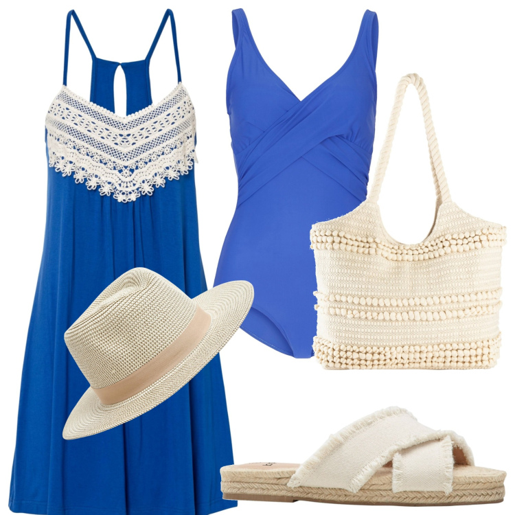 Outfit donna - Giornata al mare. Stile Casual per Mare. Abbinamento con ciabatte, costumi interi, vestiti, shopping bag, cappelli.