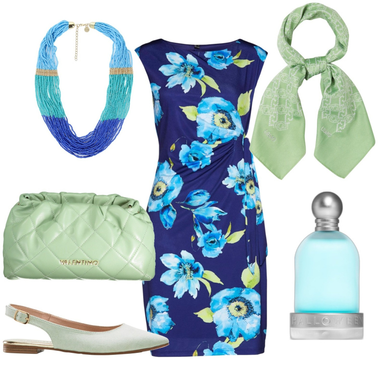 Outfit donna - Tubino Fiorato. Stile Casual chic per Tutti i giorni. Abbinamento con vestiti, ballerine, profumi, collane, foulard, borse a spalla.