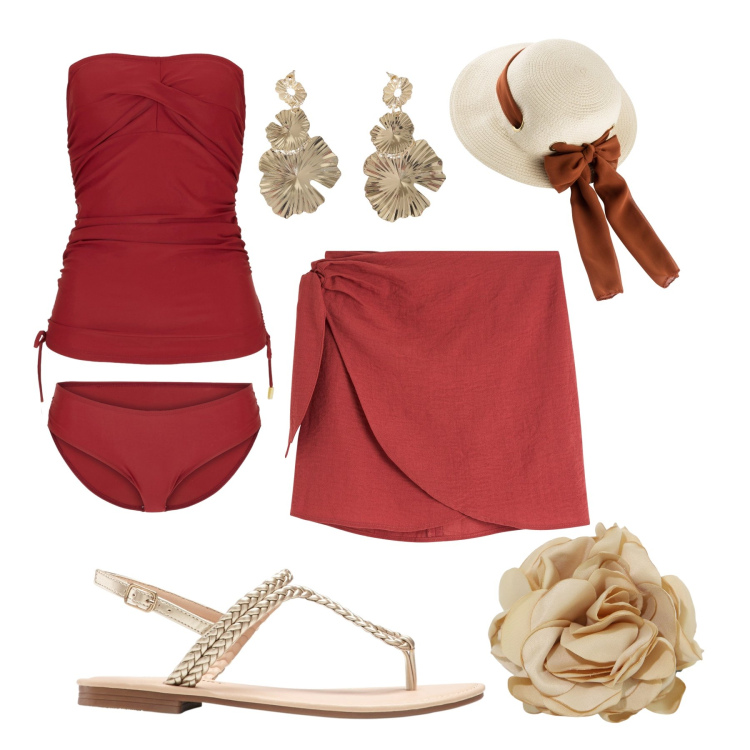 Outfit donna - Aperitivo tra la sabbia in tankini. Stile Romantica per Mare. Abbinamento con ciabatte, costumi interi, cappelli, vestiti da spiaggia, braccialetti, orecchini.