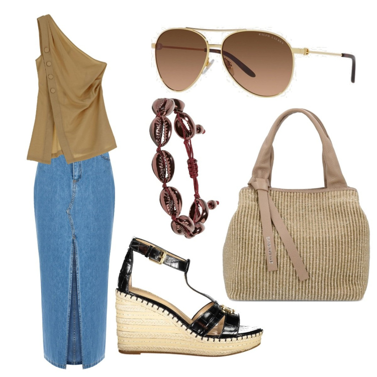 Outfit donna - Tempo di vacanza. Stile Urban per Mare. Abbinamento con braccialetti, gonne lunghe, top, occhiali da sole, sandali, borse a mano.
