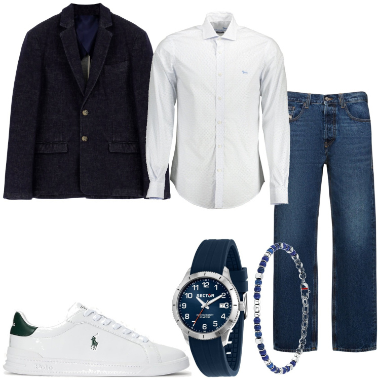 Outfit uomo - Serata fuori. Stile Trendy per Serata speciale. Abbinamento con orologi, giacche, sneakers, camicie, jeans dritti.