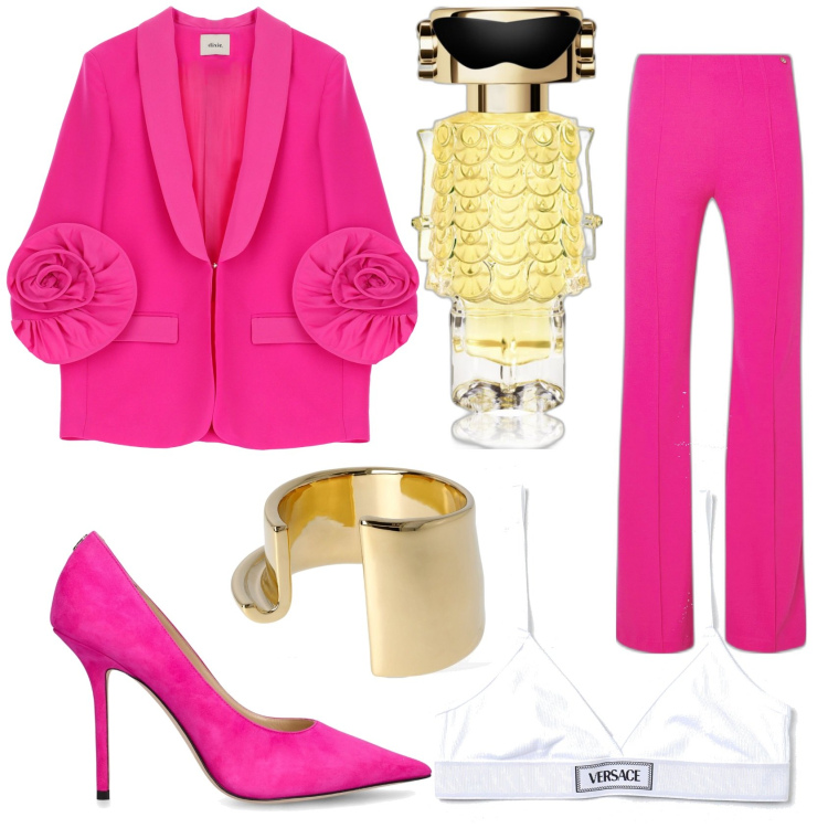 Outfit donna - Pink barbie. Stile Bon Ton per Serata fuori. Abbinamento con profumi, blazer, décolleté, reggiseni, pantaloni, braccialetti.