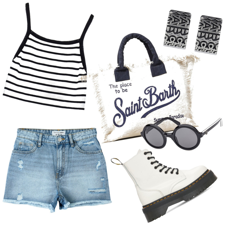 Outfit donna - Leggerezza. Stile Casual per Tutti i giorni. Abbinamento con shorts, top, borse tote, stivali, occhiali da sole, orecchini.