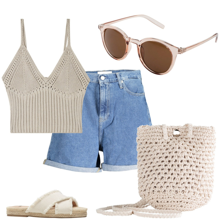 Outfit donna - La bucket bag per le vacanze. Stile Casual per Tutti i giorni. Abbinamento con ciabatte, occhiali da sole, borse a tracolla, top, jeans mom.