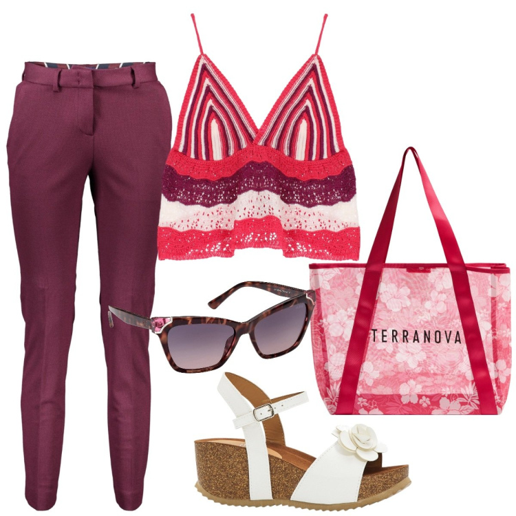 Outfit donna - Top crochet. Stile Casual per Tutti i giorni. Abbinamento con sandali, shopping bag, top, pantaloni, occhiali da sole.