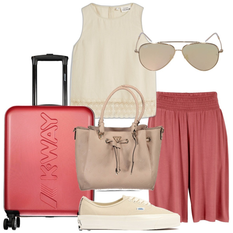 Outfit donna - Pronti, partenza, via. Stile Casual per Tutti i giorni. Abbinamento con bermuda, top, valigie, occhiali da sole, borse a spalla, sneakers.
