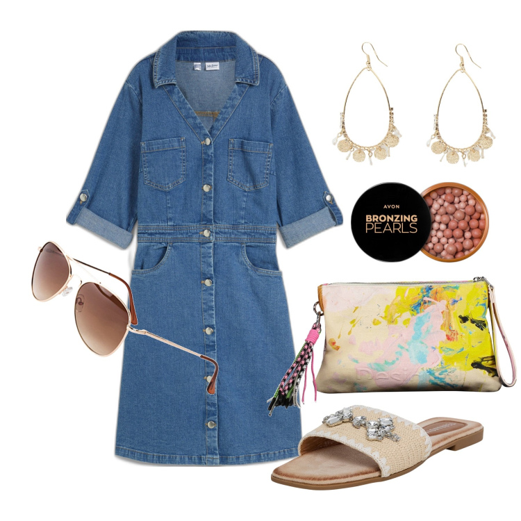 Outfit donna - Ghost outfitter - giugno. Stile Casual chic Abbinamento con occhiali da sole, vestiti, blush, ciabatte, orecchini, borse a mano.