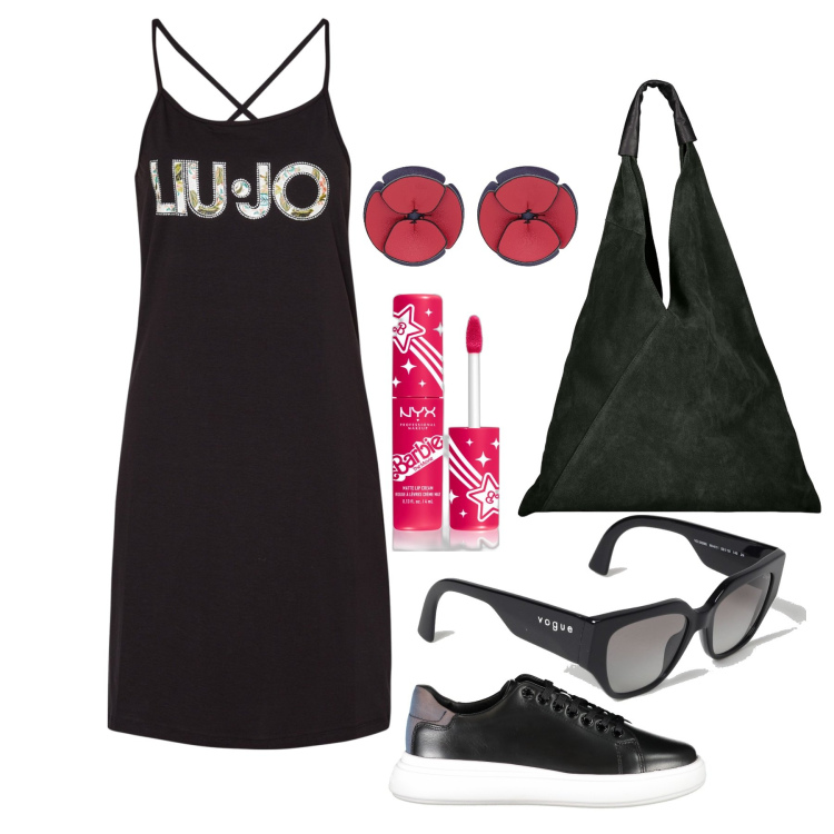 Outfit donna - Ghost outfitter - giugno. Stile Basic per Tutti i giorni. Abbinamento con orecchini, rossetti, borse a spalla, scarpe sportive, vestiti corti, occhiali da sole.