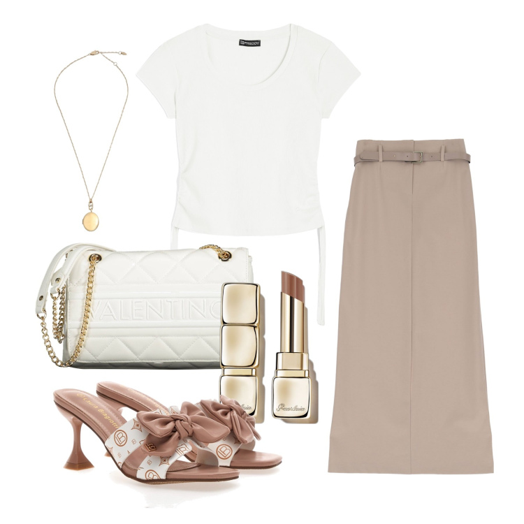 Outfit donna - Ghost outfitter - giugno. Stile Casual chic per Ufficio. Abbinamento con collane, rossetti, gonne lunghe, t-shirt, ciabatte, borse a spalla.