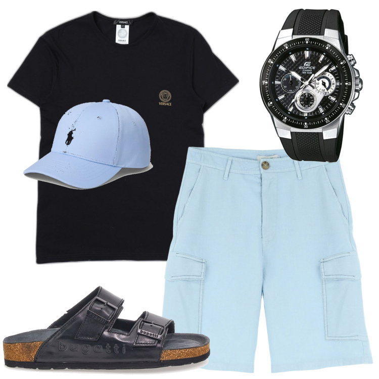 Outfit uomo - Giornata al mare. Stile Casual per Mare. Abbinamento con orologi, bermuda, cappelli, sandali, t-shirt.
