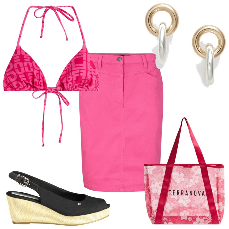 Outfit donna - Una giornata al mare: in rosa. Stile Trendy per Mare. Abbinamento con gonne, shopping bag, bikini, orecchini, sandali col tacco.