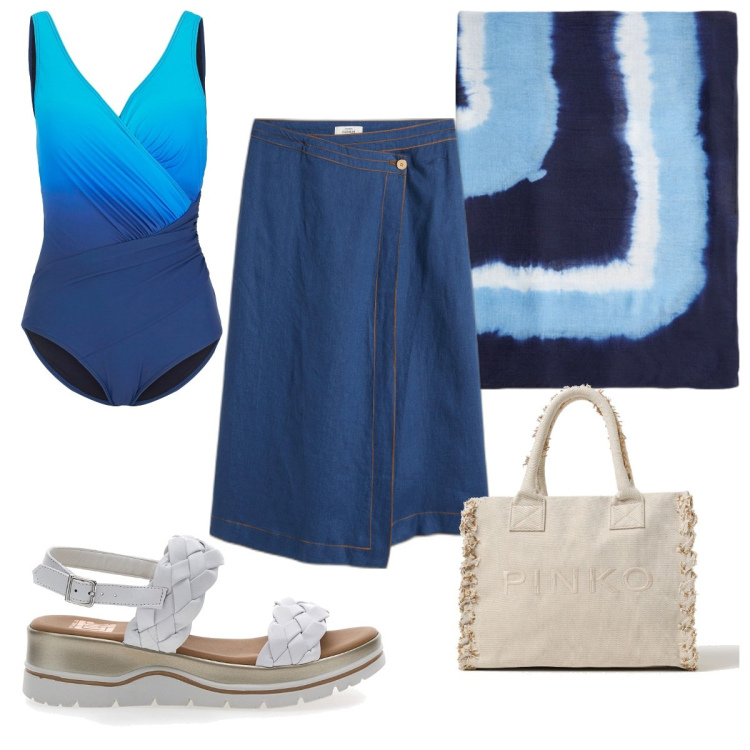Outfit donna - Una giornata al mare: un tocco di blu. Stile Trendy per Mare. Abbinamento con costumi interi, gonne, sandali in pelle, borse tote, vestiti da spiaggia.