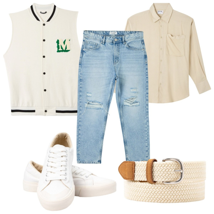 Outfit uomo - Una cintura bianca. Stile Trendy per Tutti i giorni. Abbinamento con camicie, jeans strappati, gilet, sneakers, cinture.