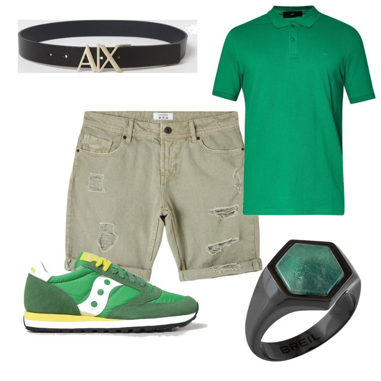 Outfit uomo - Super trendy in verde. Stile Trendy per Tutti i giorni. Abbinamento con anelli, bermuda, cinture, polo, sneakers.