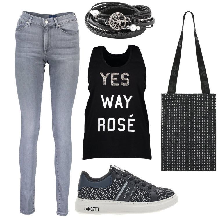 Outfit donna - Total look #1899242. Stile Urban per Tutti i giorni. Abbinamento con braccialetti, shopping bag, sneakers, canottiere, jeans.