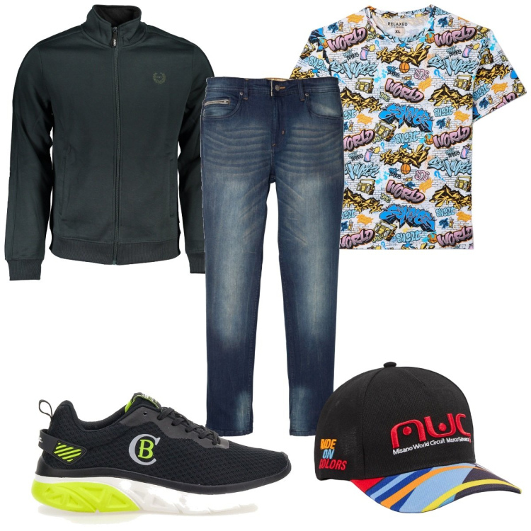 Outfit uomo - Jeans e t-shirt al festival. Stile Trendy per Tutti i giorni. Abbinamento con jeans slim fit, cappelli, t-shirt, sneakers, felpe.