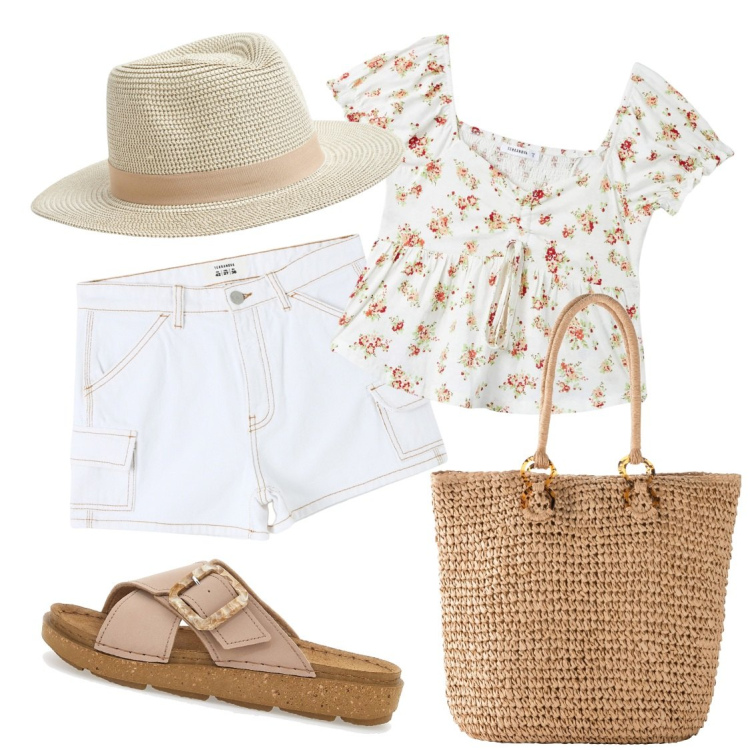 Outfit donna - La ciabatta comoda. Stile Casual per Tutti i giorni. Abbinamento con shopping bag, pantaloni corti, bluse, cappelli, ciabatte.