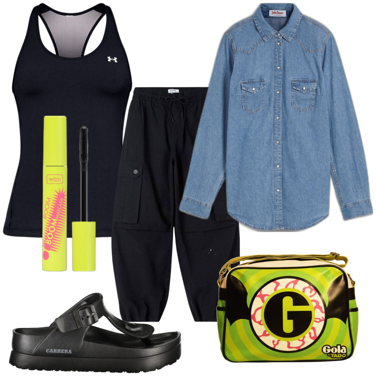 Outfit donna - Total look #1899259. Stile Urban per Tutti i giorni. Abbinamento con camicie, mascara, pantaloni cargo, infradito, canottiere, borse a spalla.