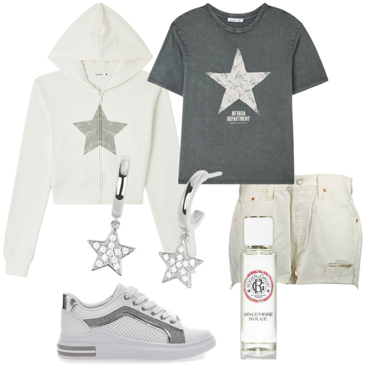 Outfit donna - Like a Star. Stile Trendy per Tutti i giorni. Abbinamento con profumi, orecchini, t-shirt, felpe con cappuccio, sneakers, jeans strappati.