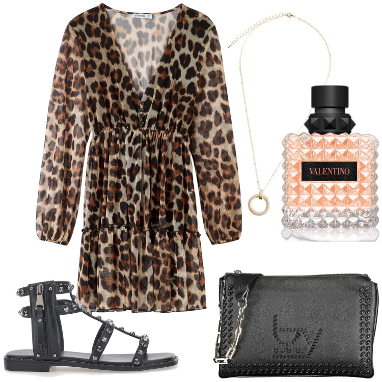Outfit donna - Vestito leopardato. Stile Rock per Serata fuori. Abbinamento con collane, profumi, vestiti corti, borse a spalla, sandali.