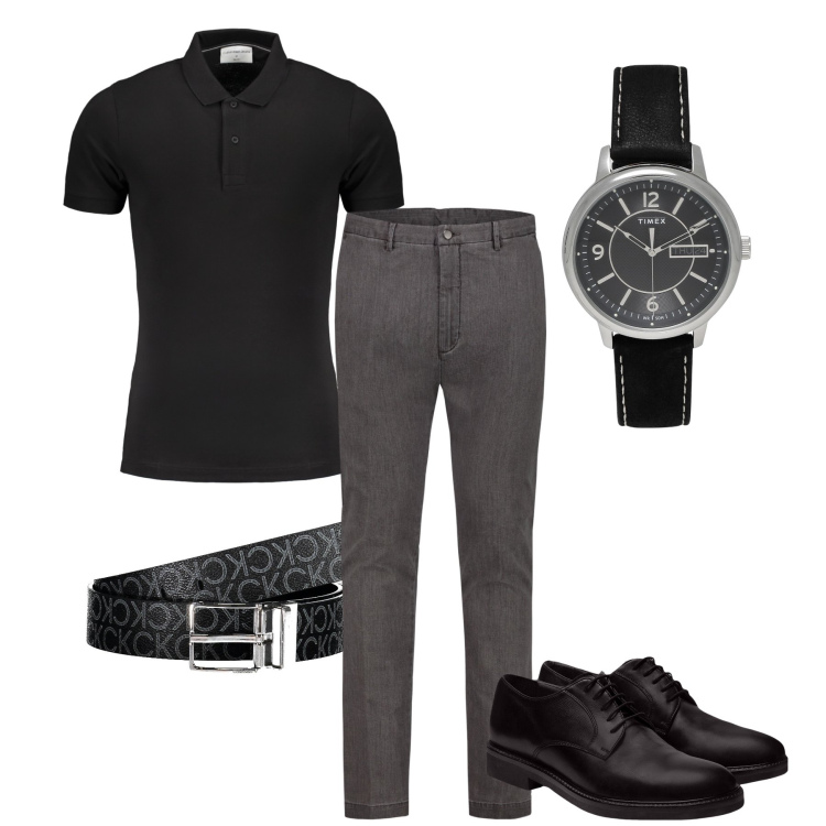 Outfit uomo - La cintura decorata. Stile Business/Elegante per Ufficio. Abbinamento con orologi, pantaloni, scarpe stringate, polo, cinture.