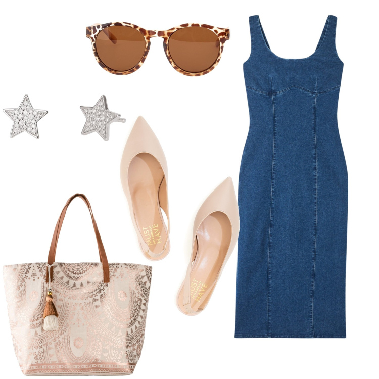 Outfit donna - Tubino di jeans. Stile Urban per Tutti i giorni. Abbinamento con shopping bag, vestiti lunghi, orecchini, ballerine, occhiali da sole.