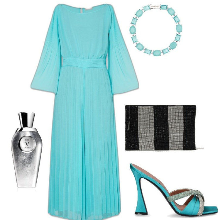Outfit donna - sentiti al centro dell’attenzione. Stile Chic per Tutti i giorni. Abbinamento con profumi, braccialetti, clutch, vestiti, sandali in pelle.