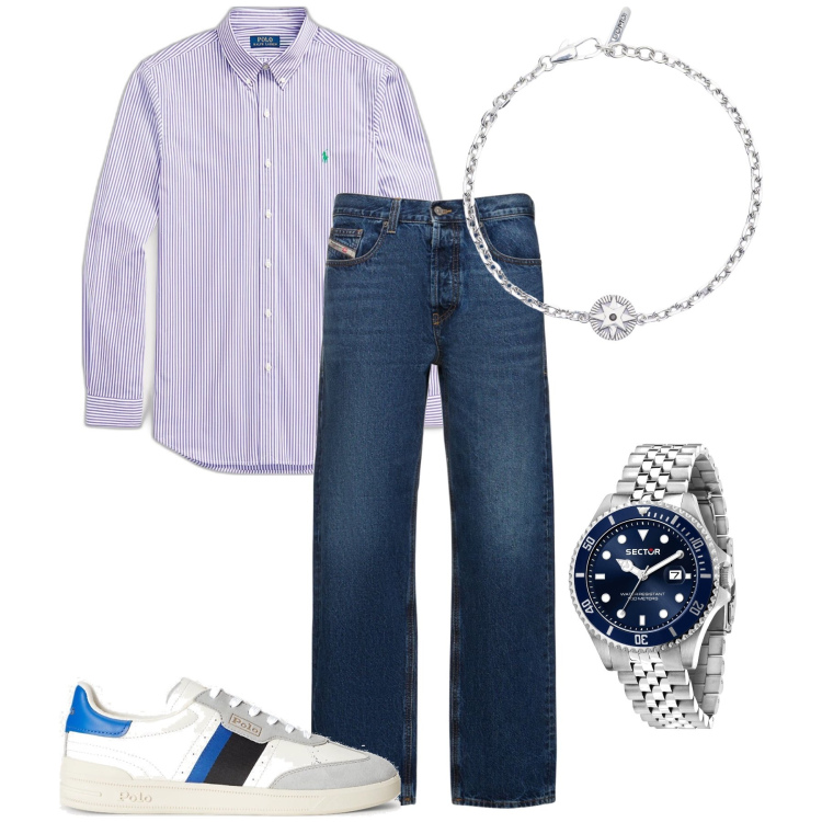 Outfit uomo - Righe lilla. Stile Urban per Ufficio. Abbinamento con orologi, braccialetti, camicie, sneakers, jeans dritti.