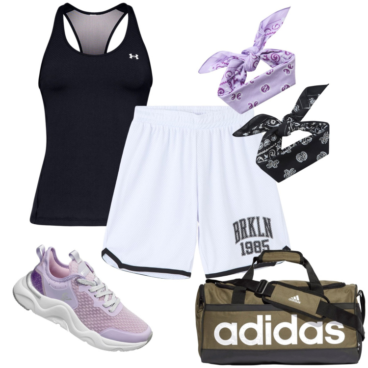 Outfit donna - Allenamento quotidiano. Stile Sporty chic per Sport. Abbinamento con pantaloncini sportivi, fasce per capelli, sneakers, borse sportive, canottiere.