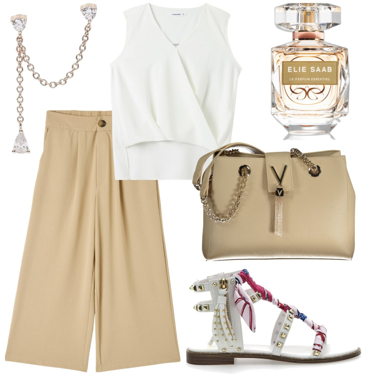 Outfit donna - I miei prossimi acquisti. Stile Casual chic per Ufficio. Abbinamento con profumi, pantaloni a palazzo, bluse, orecchini, sandali, borse a spalla.