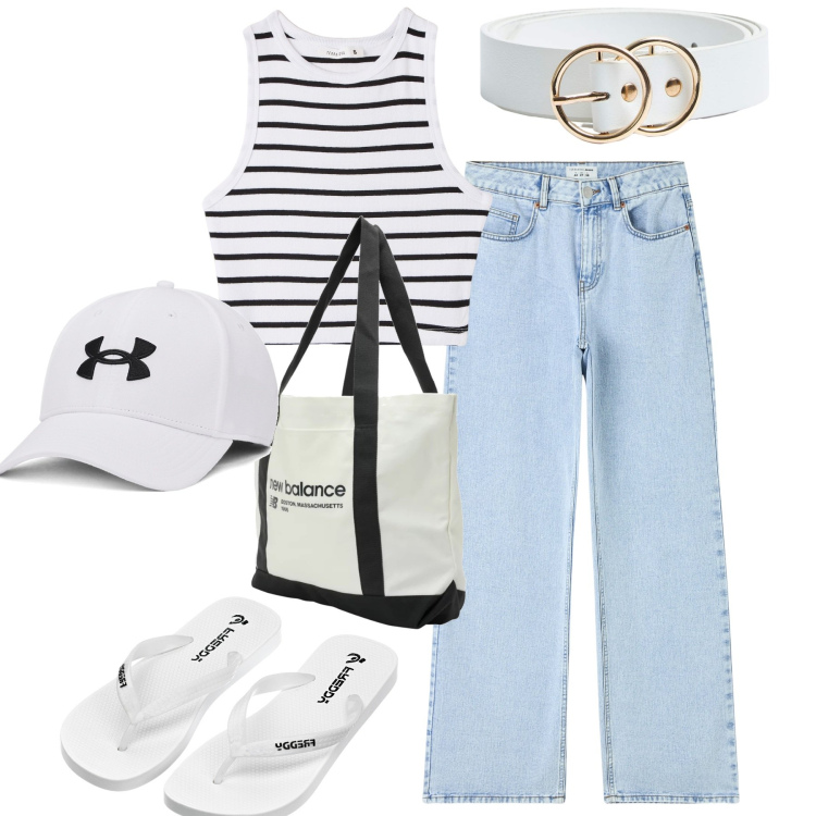 Outfit donna - Total look #1899291. Stile Casual per Tutti i giorni. Abbinamento con jeans, top, cinture, borse tote, infradito, berretti.