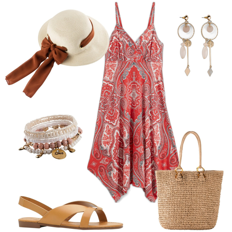 Outfit donna - Sunset look Bonprix. Stile Boho per Mare. Abbinamento con sandali, braccialetti, orecchini, vestiti, shopping bag, cappelli.