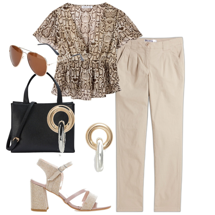 Outfit donna - Total look #1899303. Stile Casual chic per Tutti i giorni. Abbinamento con pantaloni chino, bluse, shopping bag, orecchini, sandali col tacco, occhiali da sole.