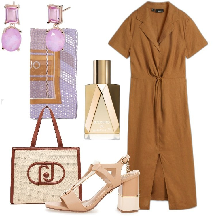 Outfit donna - La freschezza dell\'abito in lino. Stile Bon Ton per Ufficio. Abbinamento con vestiti, profumi, orecchini, sandali col tacco, sciarpe, shopping bag.