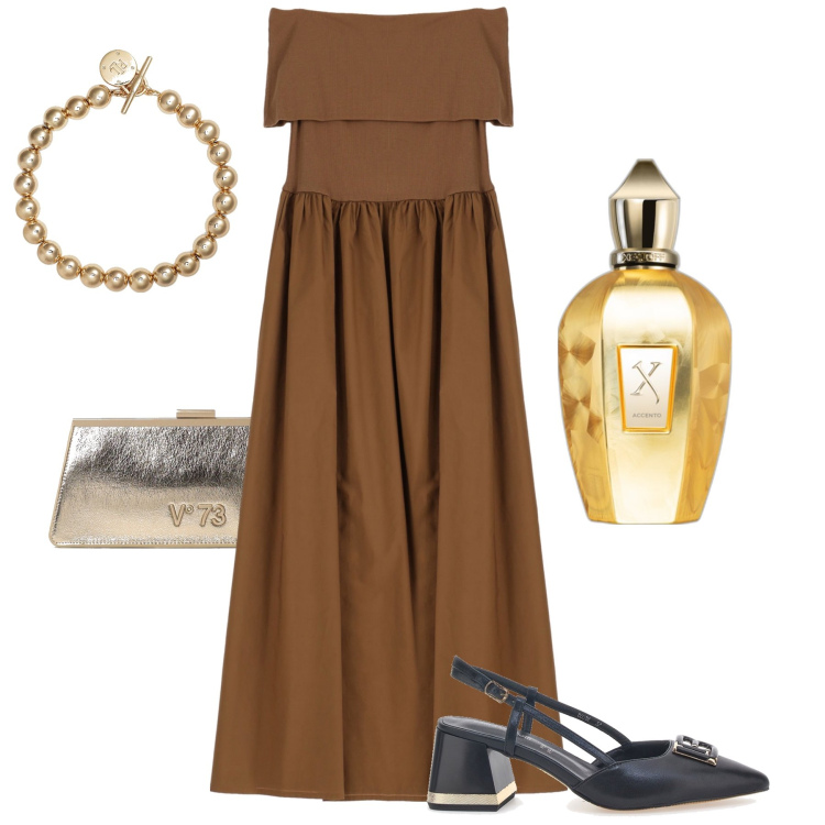 Outfit donna - L’abito con spalle scoperte. Stile Chic per Cerimonia. Abbinamento con profumi, vestiti lunghi, braccialetti, décolleté, clutch.