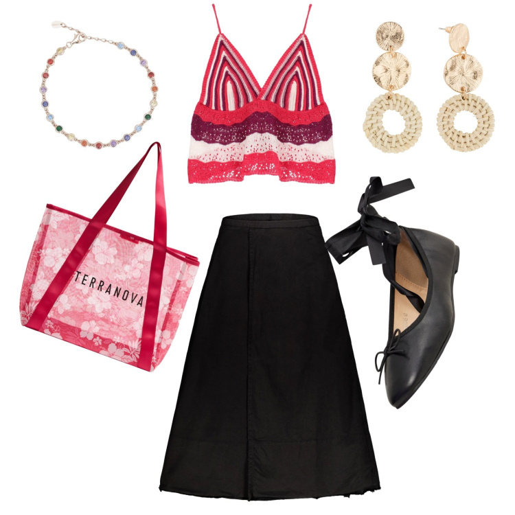Outfit donna - Walking Alone. Stile Casual chic per Serata fuori. Abbinamento con orecchini, shopping bag, ballerine, braccialetti, top, gonne lunghe.