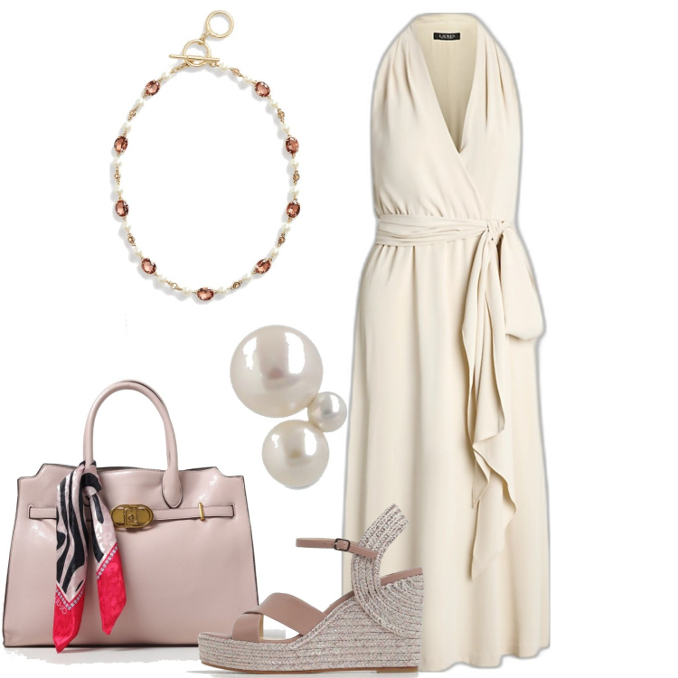 Outfit donna - Abito estivo. Stile Chic per Serata fuori. look ideale per Tall. Abbinamento con vestiti senza maniche, collane, orecchini, sandali in pelle, borse tote.