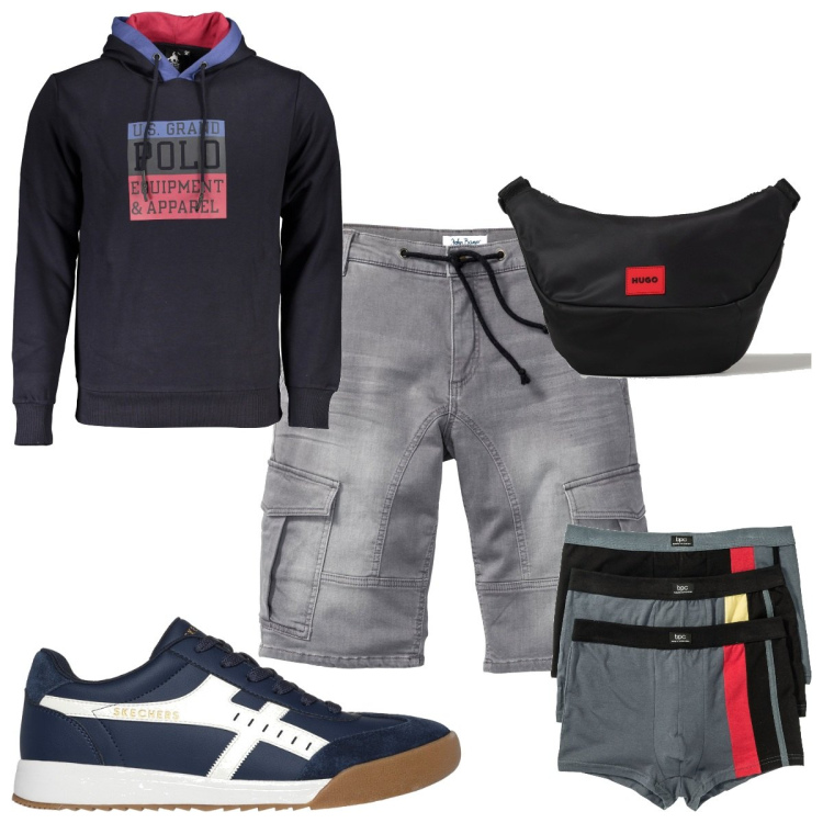 Outfit uomo - Total look #1899334. Stile Trendy per Tutti i giorni. Abbinamento con boxer, bermuda, felpe con cappuccio, borse sportive, sneakers.