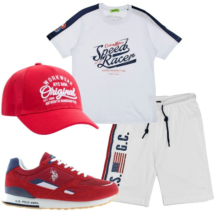 Outfit uomo - Sport d\'estate. Stile Casual per Sport. Abbinamento con cappelli, pantaloni, t-shirt, scarpe sportive.