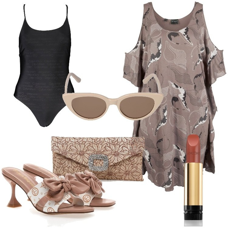 Outfit donna - Raffinata al mare. Stile Chic per Mare. Abbinamento con vestiti da spiaggia, rossetti, ciabatte, costumi, occhiali da sole, borse a tracolla.