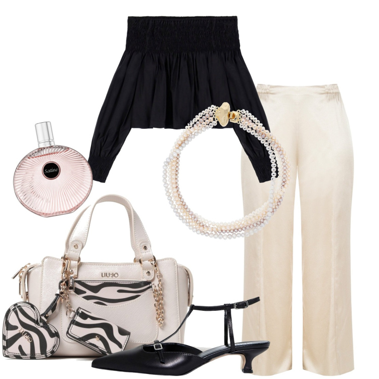 Outfit donna - Rosé e nero. Stile Chic per Serata fuori. Abbinamento con profumi, pantaloni a palazzo, bluse, sandali col tacco, borse a mano, collane.