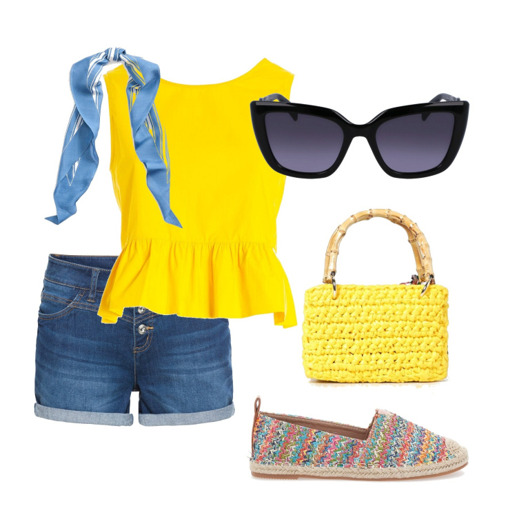 Outfit donna - Sul lungomare. Stile Boho per Mare. Abbinamento con shorts, top, sciarpe, espadrillas, pochette, occhiali da sole.