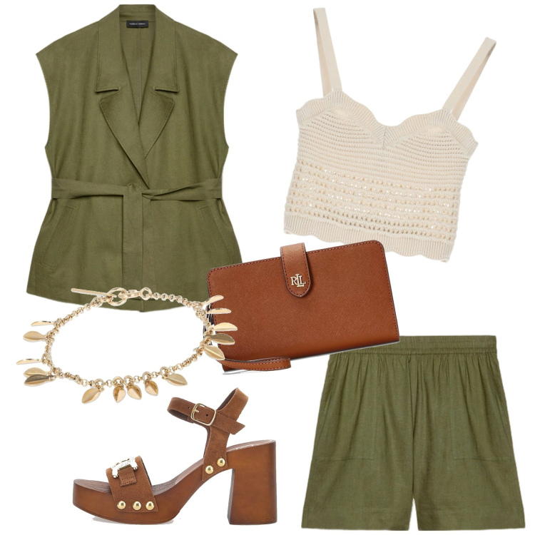 Outfit donna - Completo estivo. Stile Casual per Tutti i giorni. look ideale per Petite. Abbinamento con top, pantaloni corti, blazer, pochette, zoccoli, braccialetti.