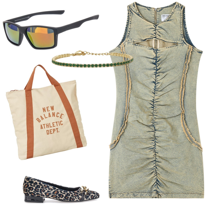 Outfit donna - Total look. Stile Trendy per Tutti i giorni. Abbinamento con vestiti senza maniche, braccialetti, borse a mano, ballerine, occhiali da sole.